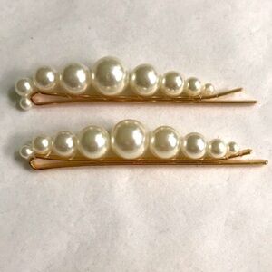 Ivory Pearl gold hairpin clip barrettes pair glam glitz bridal flower girl prom